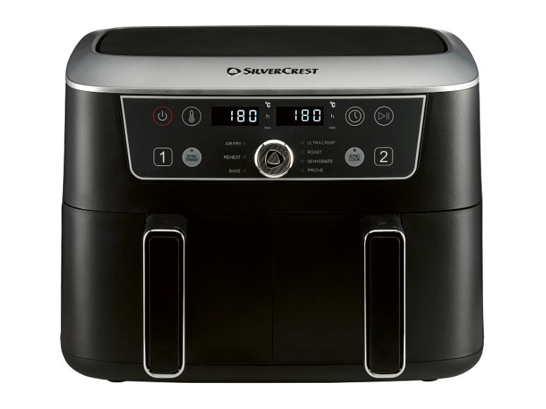 Friggitrice ad aria nera a doppio cestello con display digitale e controlli di temperatura e tempo.