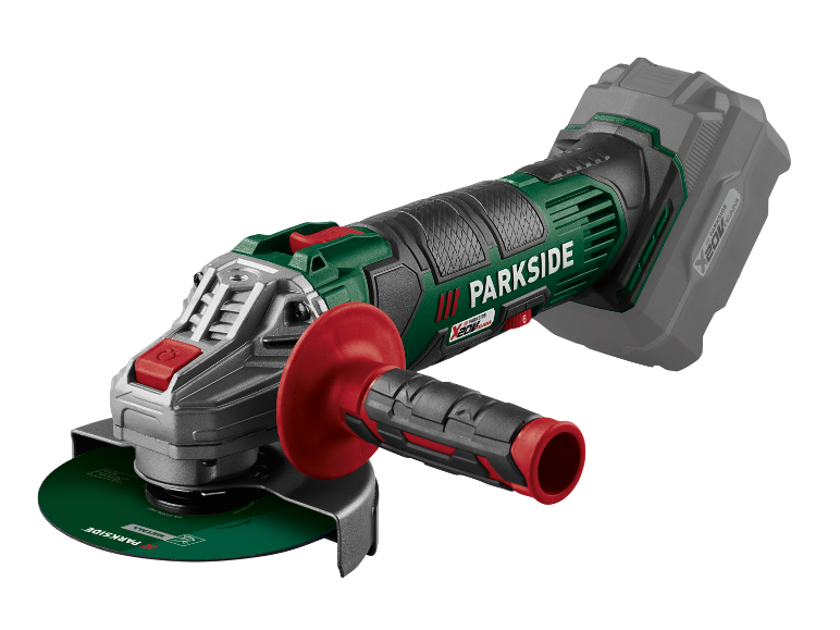 Smerigliatrice angolare a batteria con disco da taglio per metallo e impugnatura laterale.
