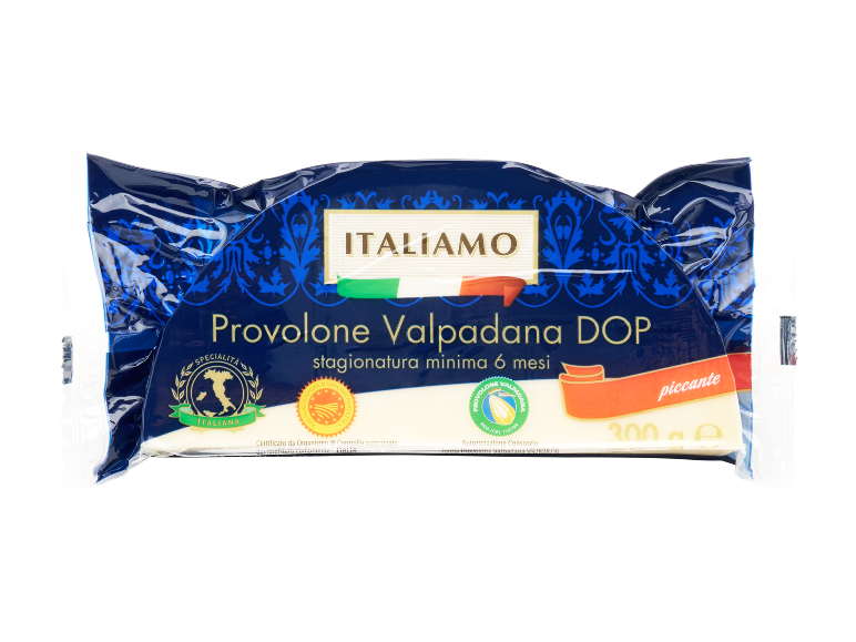 Confezione di formaggio Provolone Valpadana DOP, stagionatura minima 6 mesi, gusto piccante.