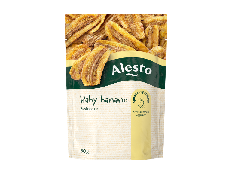 Confezione di baby banane essiccate, con testo 'Spuntino perfetto' e 'Senza zuccheri aggiunti'.