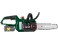 Motosega a batteria con batteria rimovibile e serbatoio dell'olio visibile.