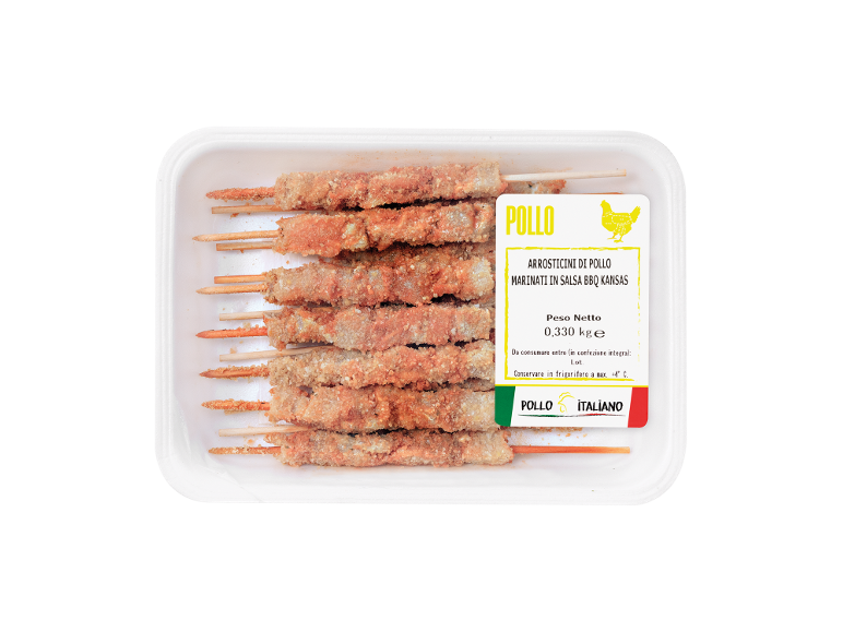 Spiedini di pollo marinati in salsa BBQ Kansas, peso netto 0,330 kg.