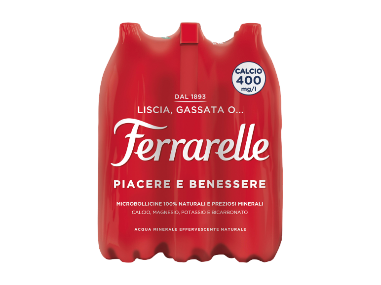 Confezione da sei bottiglie di acqua minerale effervescente naturale con calcio.