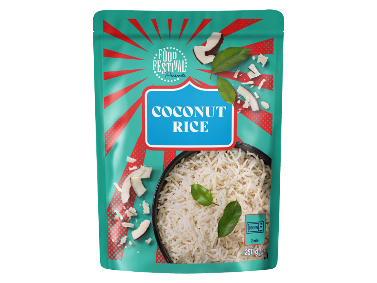 Busta di riso al cocco con scaglie di cocco e foglie, pronto in 2 minuti nel microonde.