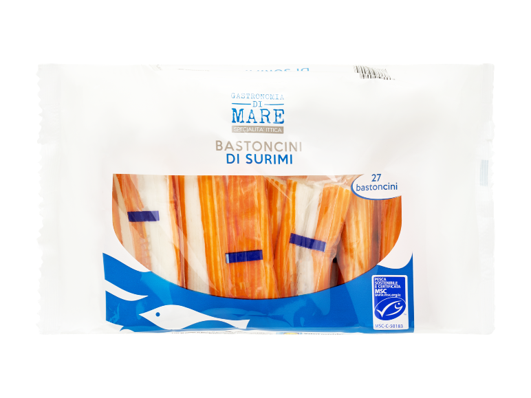 Confezione da 27 bastoncini di surimi con certificazione di pesca sostenibile.