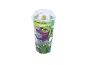 Bicchiere di plastica trasparente con pianta carnivora Sarracenia Hybride e disegno di pianta con bocca.