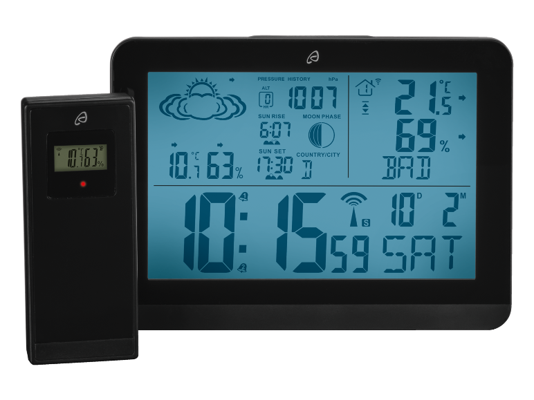 Stazione meteo digitale con display LCD che mostra ora, temperatura e umidità.