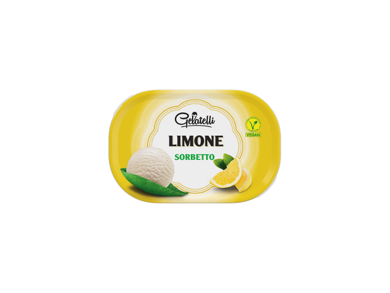 Confezione di sorbetto al limone con una pallina di sorbetto, fette di limone e la scritta «VEGAN».