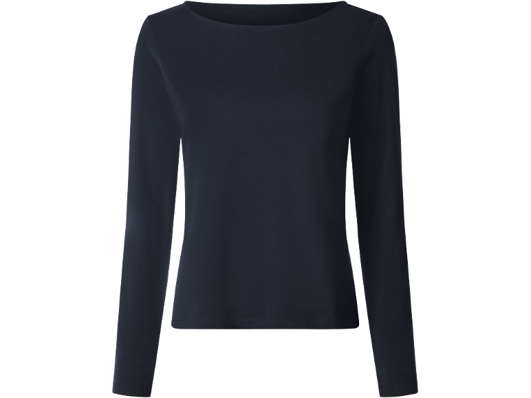 Maglietta a maniche lunghe blu scuro da donna con scollo a barca.
