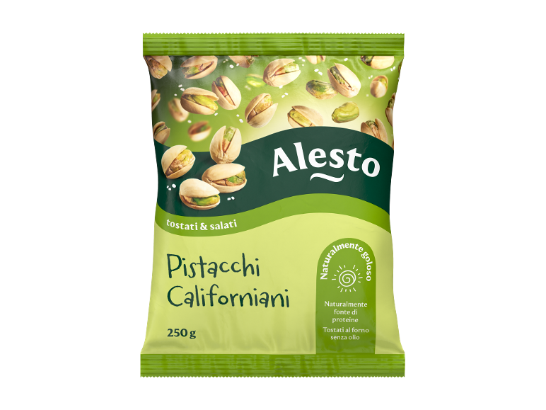Confezione di pistacchi californiani tostati e salati, 250g, naturalmente ricchi di proteine.