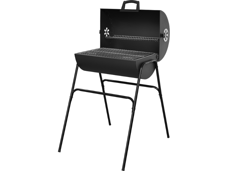Barbecue a carbonella nero con coperchio e griglia di cottura, su un supporto a quattro gambe.