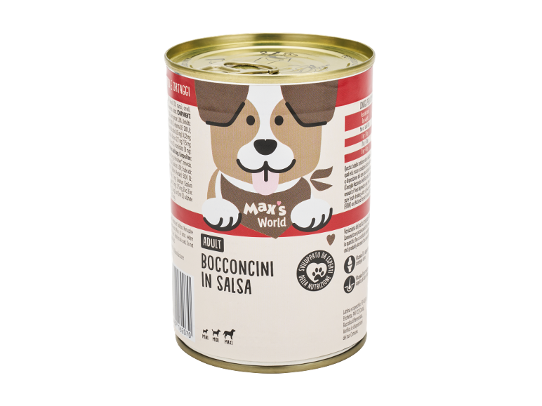 Lattina di cibo per cani con un cane a fumetti, etichettata 'Adult Bocconcini in Salsa' per cani mini, midi e maxi.