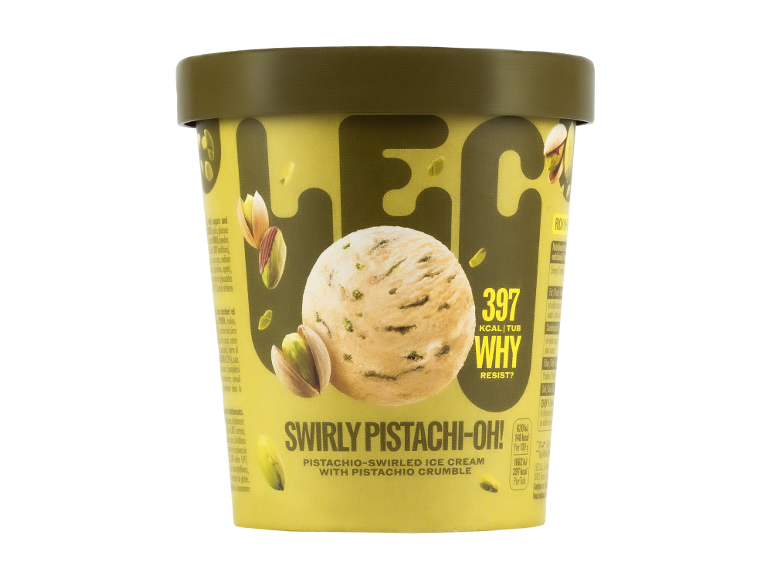 Vasetto di gelato al pistacchio con una pallina di gelato e pistacchi, che mostra 397 kcal/vasetto.