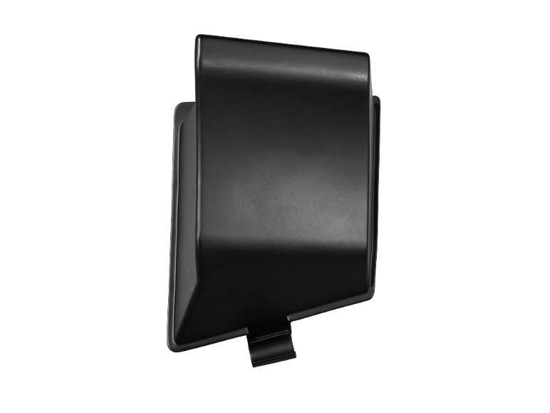 Coperchio o tappo in plastica nera su sfondo nero.