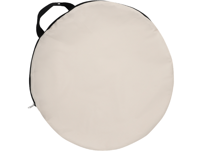 Borsa rotonda beige con cerniera e manico nero.