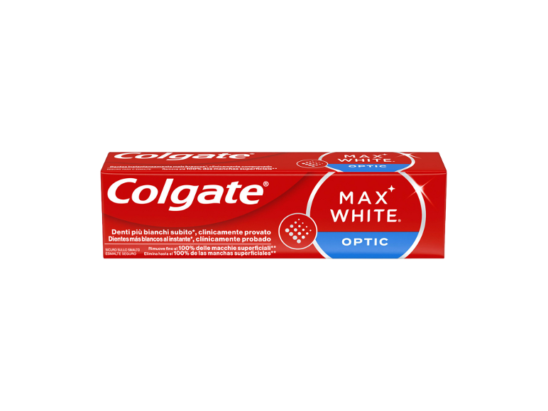 Scatola di dentifricio rossa con testo bianco e blu