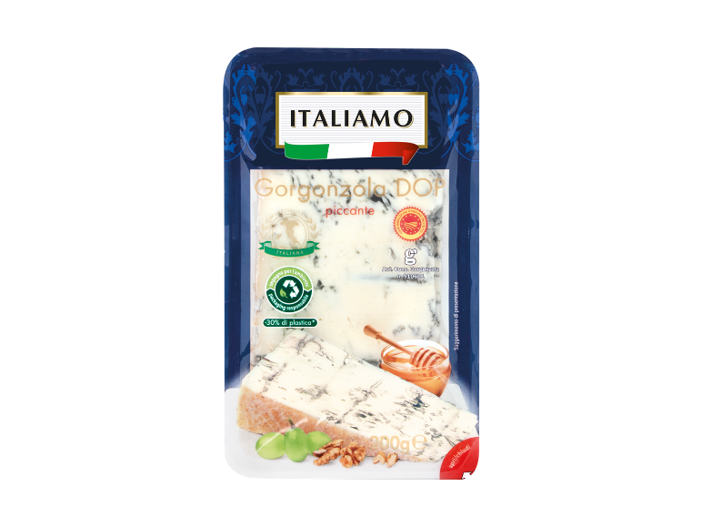 Formaggio Gorgonzola DOP piccante confezionato, con indicazioni di sostenibilità e peso.