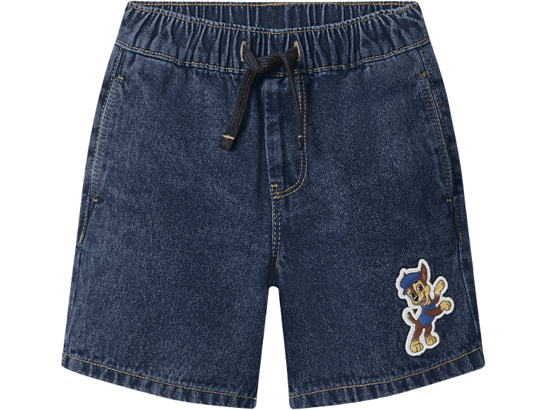 Pantaloncini in denim blu scuro per bambini con elastico in vita e toppa a forma di cane.