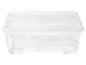 Contenitore in plastica trasparente con coperchio, ideale per organizzare vari oggetti.