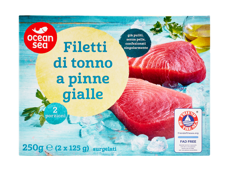Filetti di tonno a pinne gialle surgelati, 2 porzioni (250g), puliti e senza pelle.