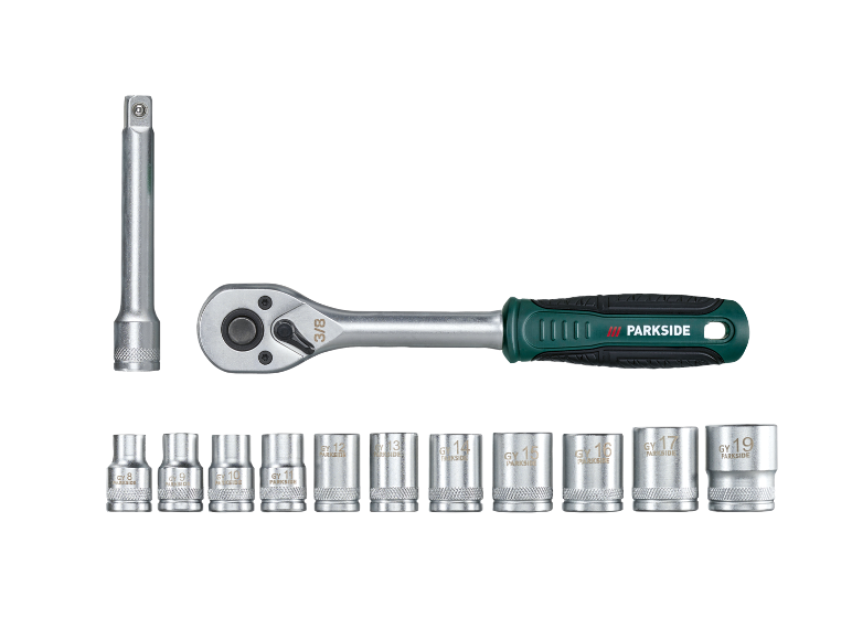 Chiave a cricchetto con prolunga e un set di 12 bussole da 8mm a 19mm.
