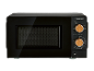 Forno a microonde nero con manopole in legno per potenza e timer.