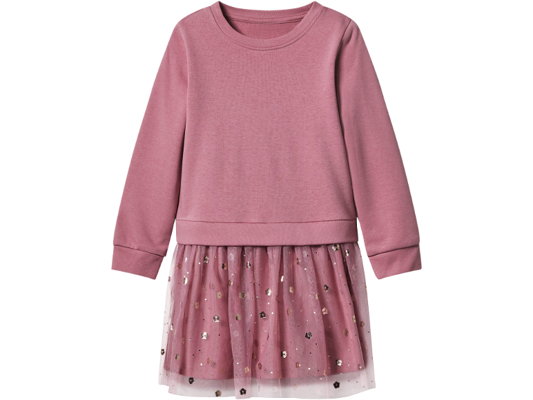 Vestito rosa a maniche lunghe con gonna in tulle glitterato.