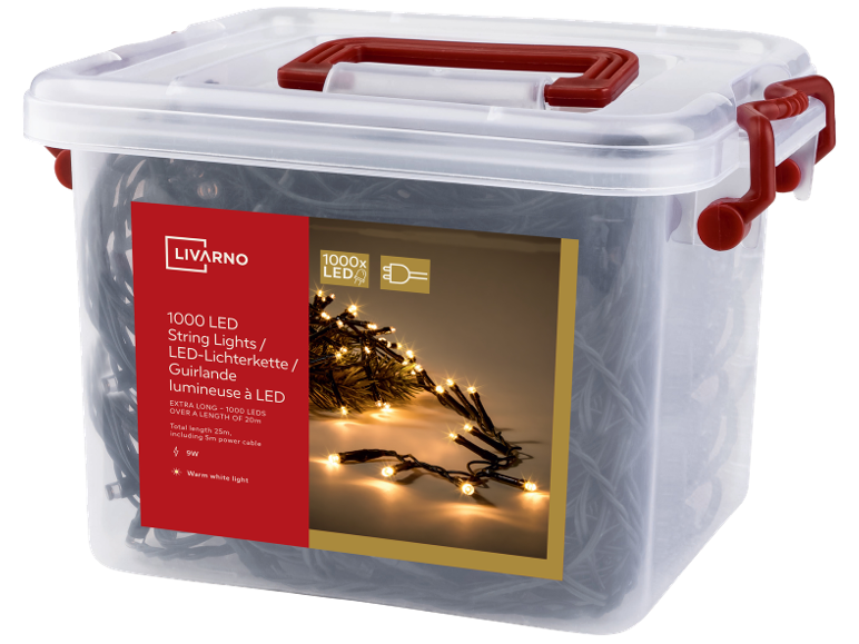 Livarno, 1000 LED, luci a stringa lunghe di colore bianco caldo in una scatola trasparente.