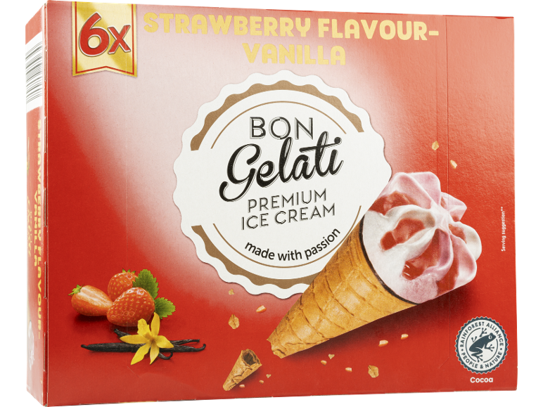 Scatola da 6 coni gelato fragola e vaniglia, con logo cacao Rainforest Alliance.