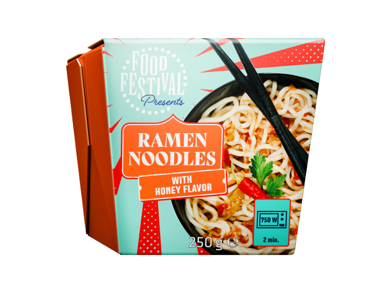 Confezione di ramen noodles al gusto di miele, con istruzioni per il microonde.