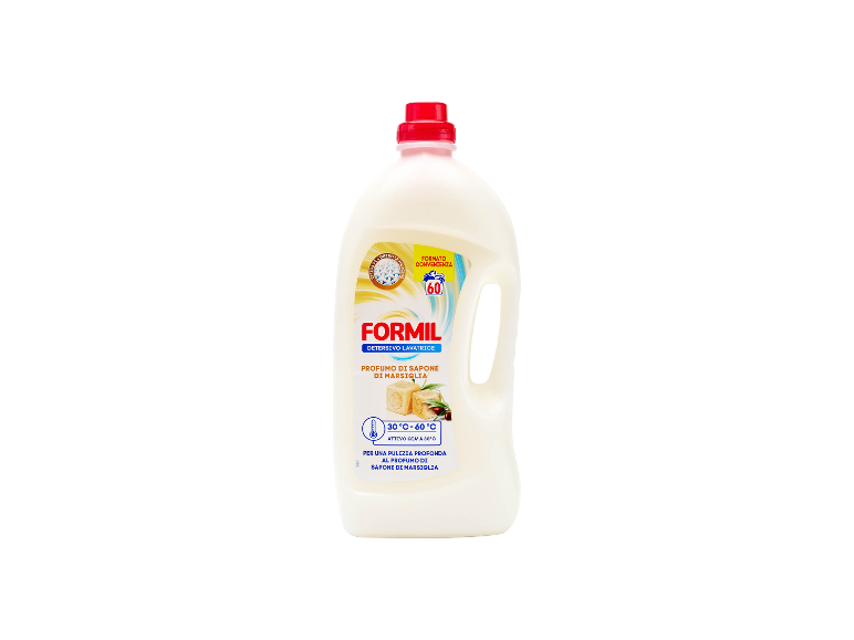 Flacone bianco di detersivo con la scritta '60' e 'profumo di sapone di Marsiglia'.