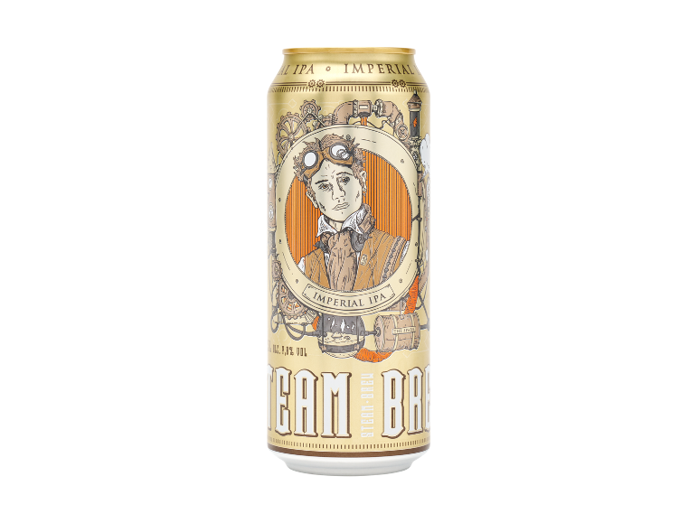Lattina di birra Imperial IPA con illustrazione di un aviatore steampunk e testo 'STEAM BREW'.