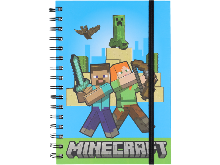 Quaderno a spirale a tema Minecraft con i personaggi Steve, Alex, Creeper e Pipistrello.