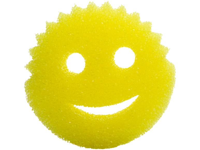 Spugna gialla a forma di faccina sorridente con bordi ondulati.
