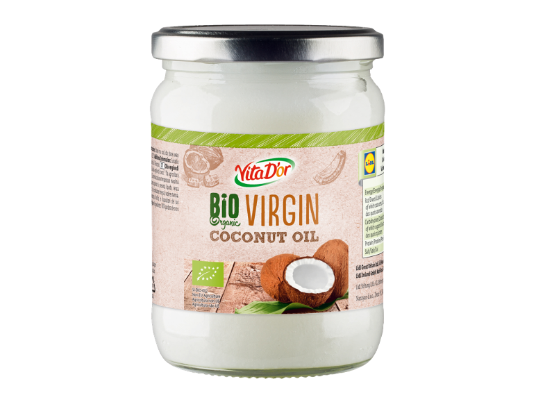 Olio di cocco vergine biologico in un barattolo di vetro con un'etichetta che mostra le noci di cocco.