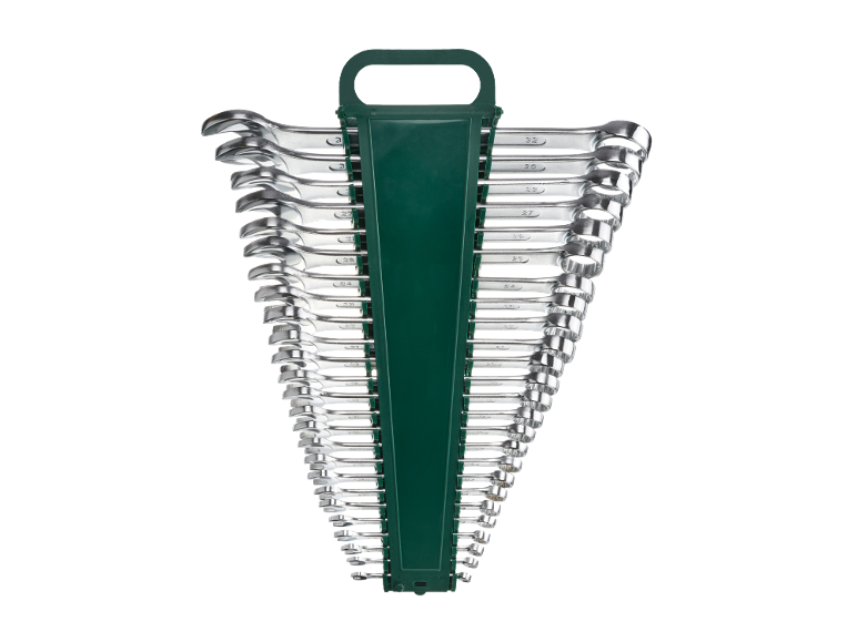 Set di chiavi combinate di varie dimensioni in un supporto verde.
