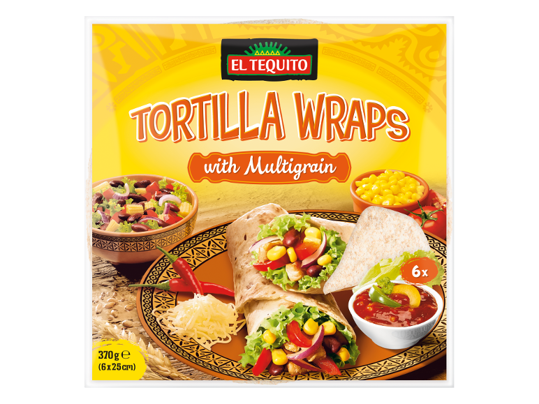 Confezione di tortilla wraps multicereali con ripieno di verdure, salsa e formaggio.