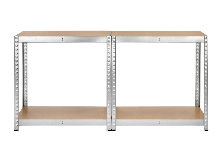 Scaffali metallici modulari con due ripiani in legno, ideali per l'archiviazione.
