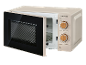 Forno a microonde beige con sportello aperto e manopole in legno per potenza e timer.