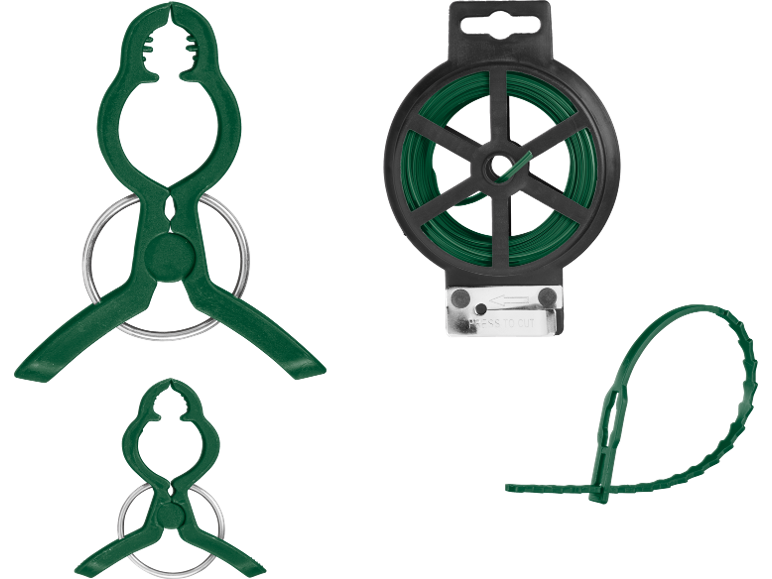 Pinze da giardino verdi, filo da giardino avvolto e fascetta in plastica.