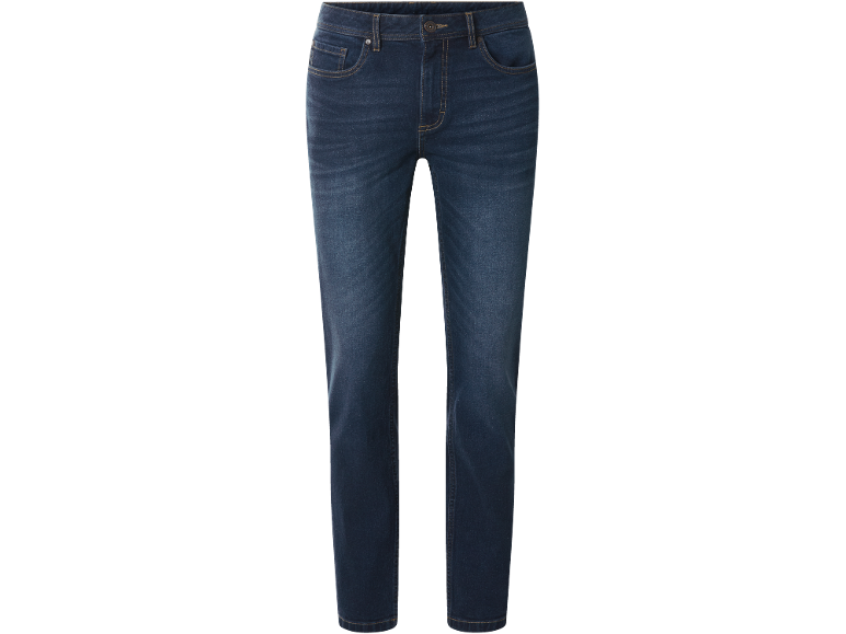 Jeans blu scuro a gamba dritta con cuciture gialle.