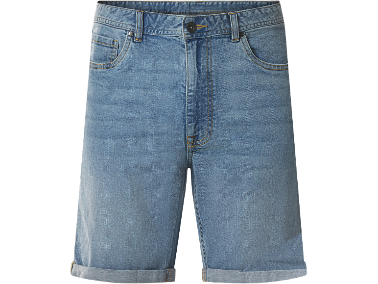 Pantaloncini di jeans blu chiaro con risvolto, cuciture a contrasto e bottone in vita.