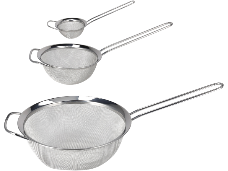 Set di tre colini metallici di diverse dimensioni con manici.