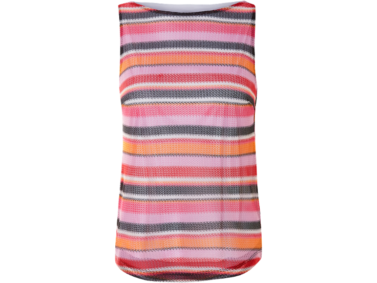 Top a maglia a righe colorate con scollo a barca.