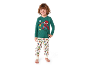 Pigiama verde per bambini con stampe di supereroi e pantaloni bianchi a fantasia.