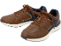 Scarpe da ginnastica marroni e blu scuro con lacci marroni e suola bianca.