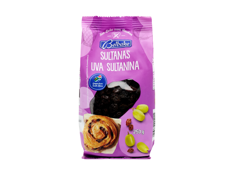 Confezione di uva sultanina con uva fresca e un dolce, con testo 'Aus Liebe zum Backen' e '250 g'.
