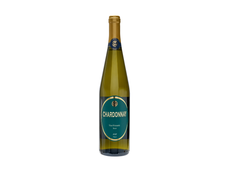 Bottiglia di vino bianco Chardonnay con etichetta verde e oro.