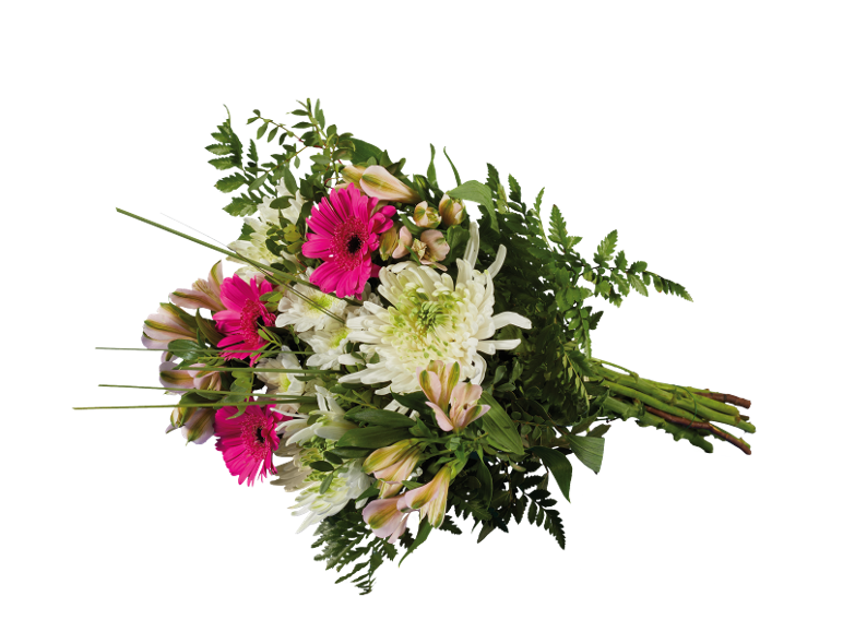 Mazzo di fiori con gerbere rosa, crisantemi bianchi e alstroemerie.