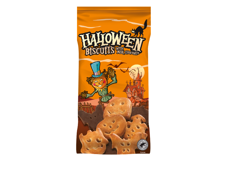 Biscotti di Halloween al cioccolato al latte, con spaventapasseri e casa stregata.